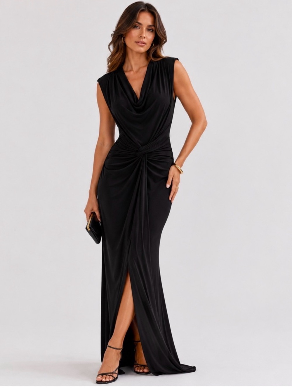 Calvin Klein Elegant Black Drape Front Evening Gown